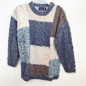 Tulchan Vintage Blue & Tan Patchwork Knit Crewneck Sweater Size Small/Medium